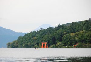 Boat on Lake Ashinoko in front of Mt Fuji, Hakone, Japan