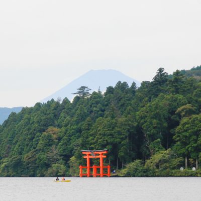 A boat on Lake Ashinoko with view of Mt Fuji