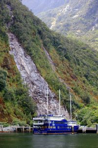 Cruise boat at the dock, Milford Sound, New Zealand