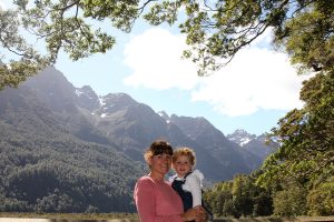 My daughter and I at the Mirror Lakes viewpoint in New Zealand